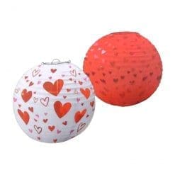 2 Paper lanterns, white with hearts and red with hearts