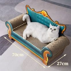 Cat lying on his sofa with dimensions annotated