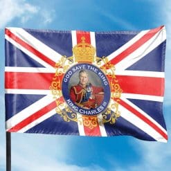 King Charles III flag white background with flag pole on a sky background