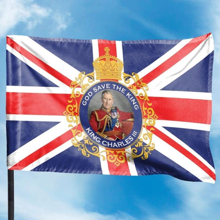 King Charles III flag white background with flag pole on a sky background
