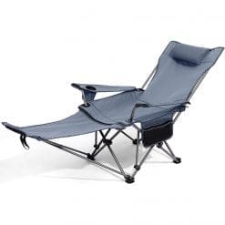 Blue Grey Camping Chair reclined with foot rest